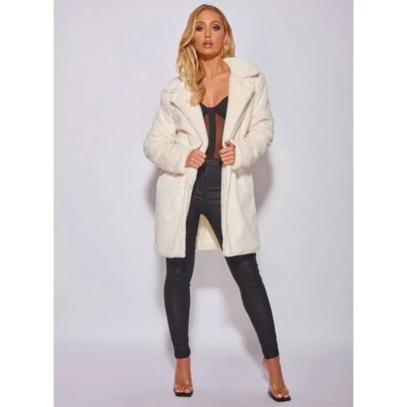 White Faux Fur Long Sleeve Collared Loose Fit Midi Coat - Picture 7 of 14